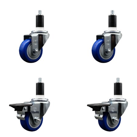 Service Caster 3'' Blue Poly Wheel Swivel 1-3/8'' Expanding Stem Caster Set 2 Brakes, 4PK SCC-EX20S314-PPUB-BLUE-2-PLB-2-138
